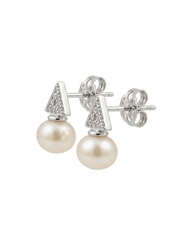 گوشواره نقره زنانه وارداتی شیک مدل مرواریدی با تاج مثلثی درخشان
