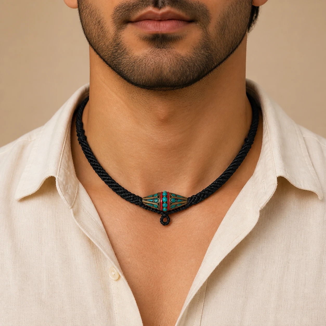 گردنبند دست‌ساز مردانه وارداتی طرح تبتی با مهره سنتی تک‌نسخه